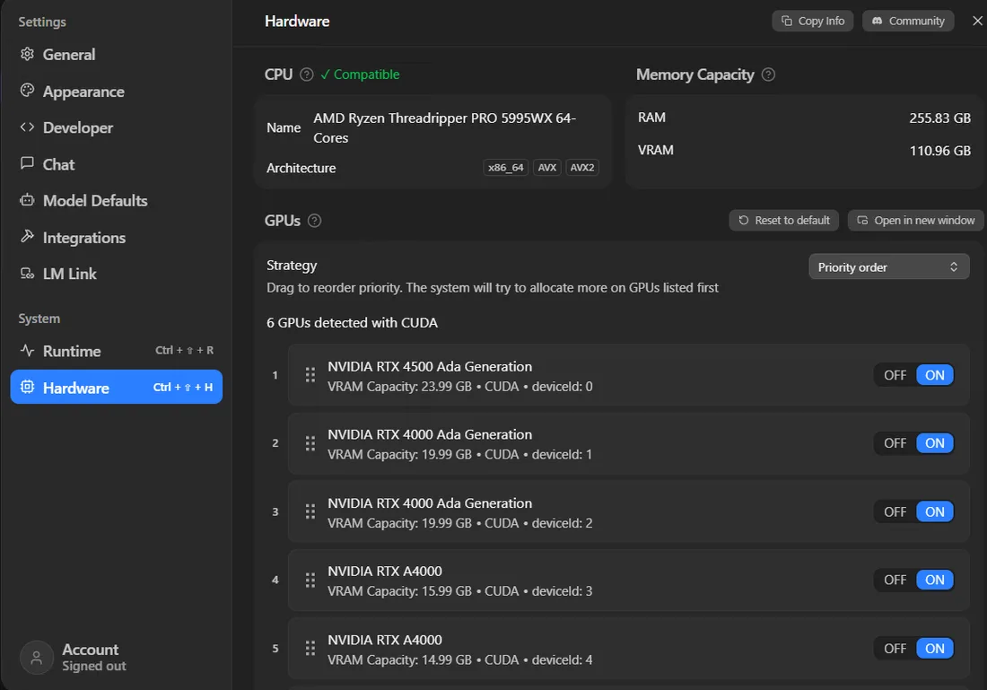 LM Studio hardware settings showing six detected NVIDIA GPUs, total VRAM and the priority order for allocation