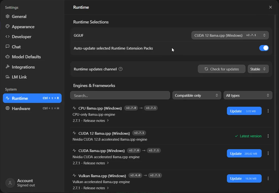 LM Studio runtime settings listing CPU llama.cpp, CUDA 12 llama.cpp and Vulkan llama.cpp engines